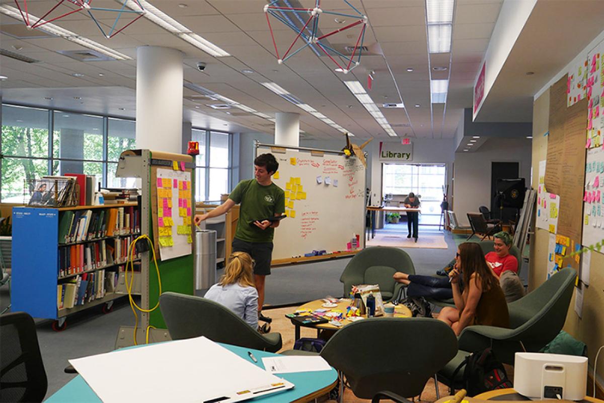 students gathered in library