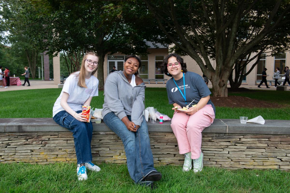 Three students sit on a small stone wall outside, with trees and grass in background.