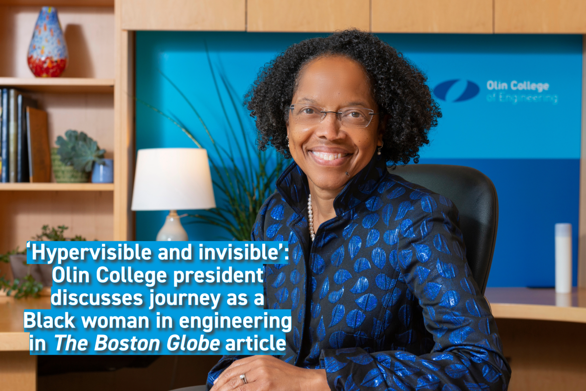 Olin President Gilda A. Barabino is shown sitting in office at Olin College of Engineering.