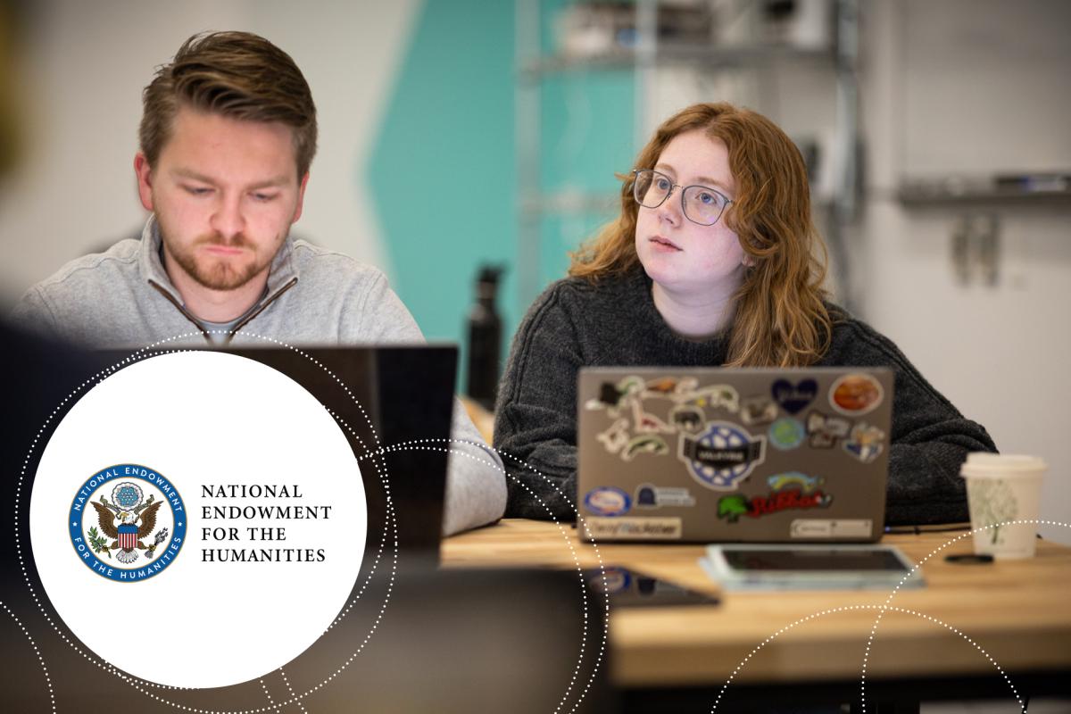 NEH Grant Thumbnail with circle NEH Logo NEH Grant Thumbnail - student looking down at computer next to student looking up at board