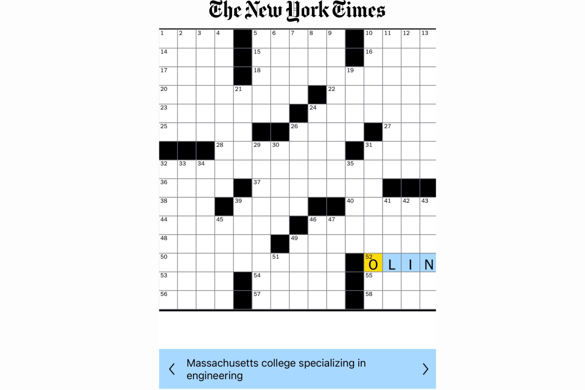 Image of the June 7, 2024, New York Times Crossword Puzzle, which features the answer "Olin," short for Olin College of Engineering. Image of the June 7, 2024, New York Times Crossword Puzzle, which features the answer "Olin," short for Olin College of Engineering.