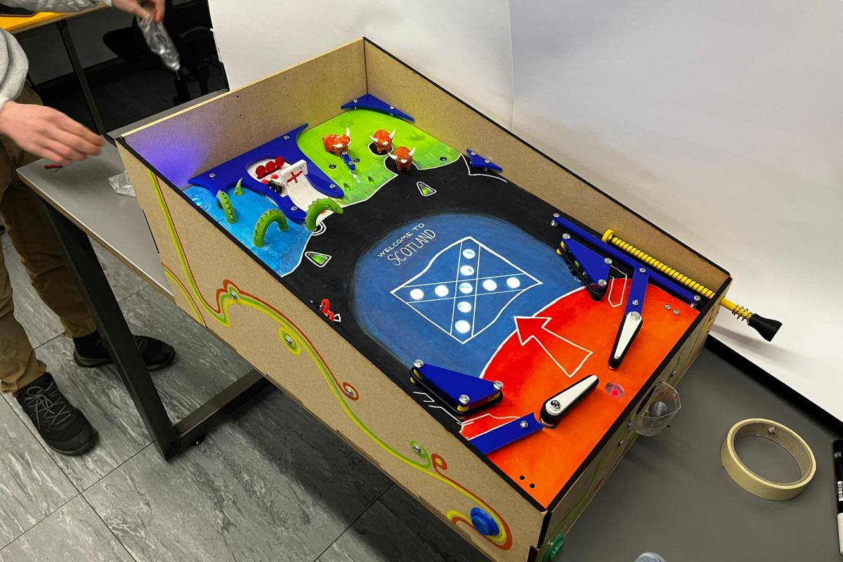 The Welcome to Scotland pinball machine made for the Olin course, Principles of Engineering (PIE).