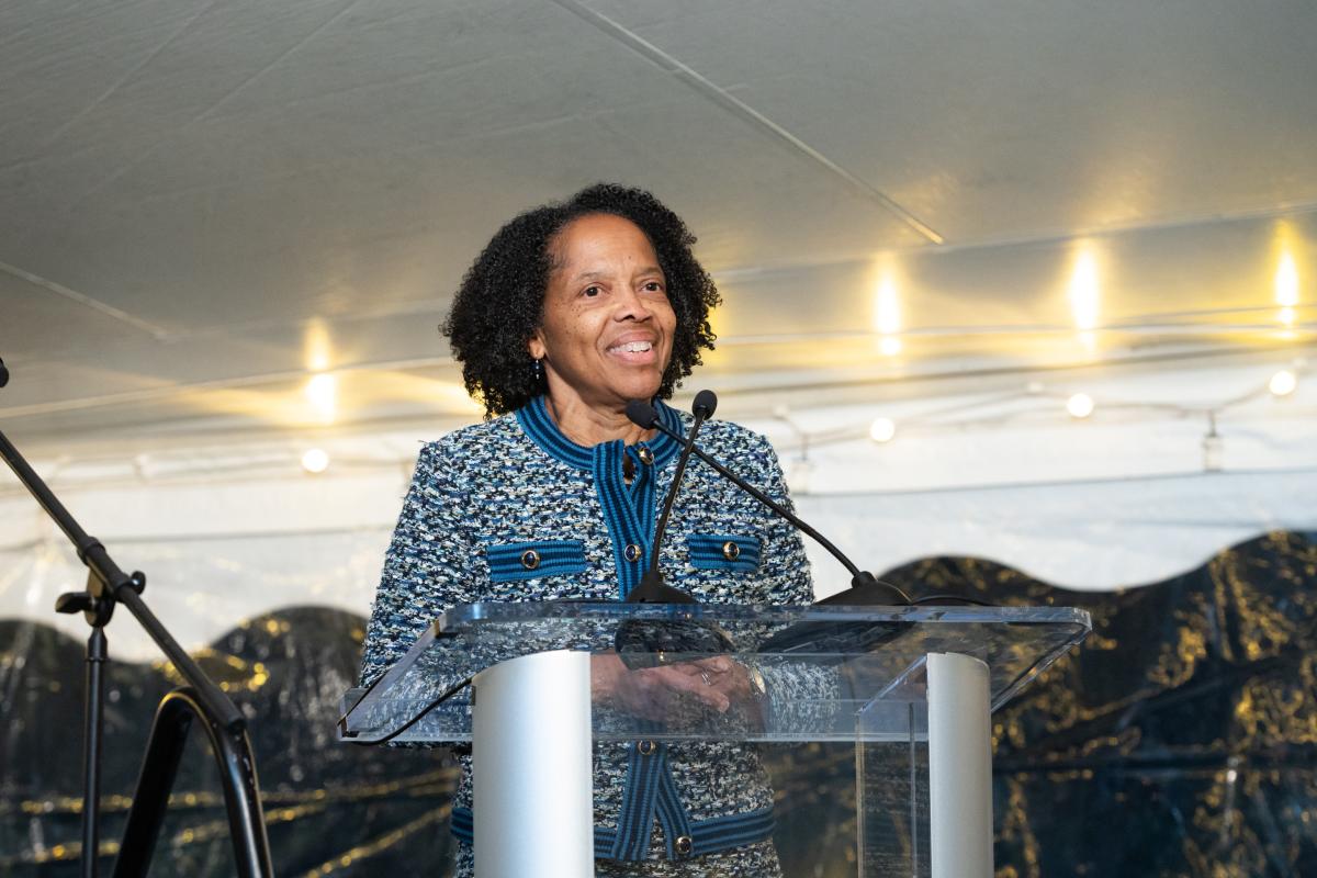 Olin College President Dr. Gilda A. Barabino greets the audience at Family & Alumni Weekend 2024.