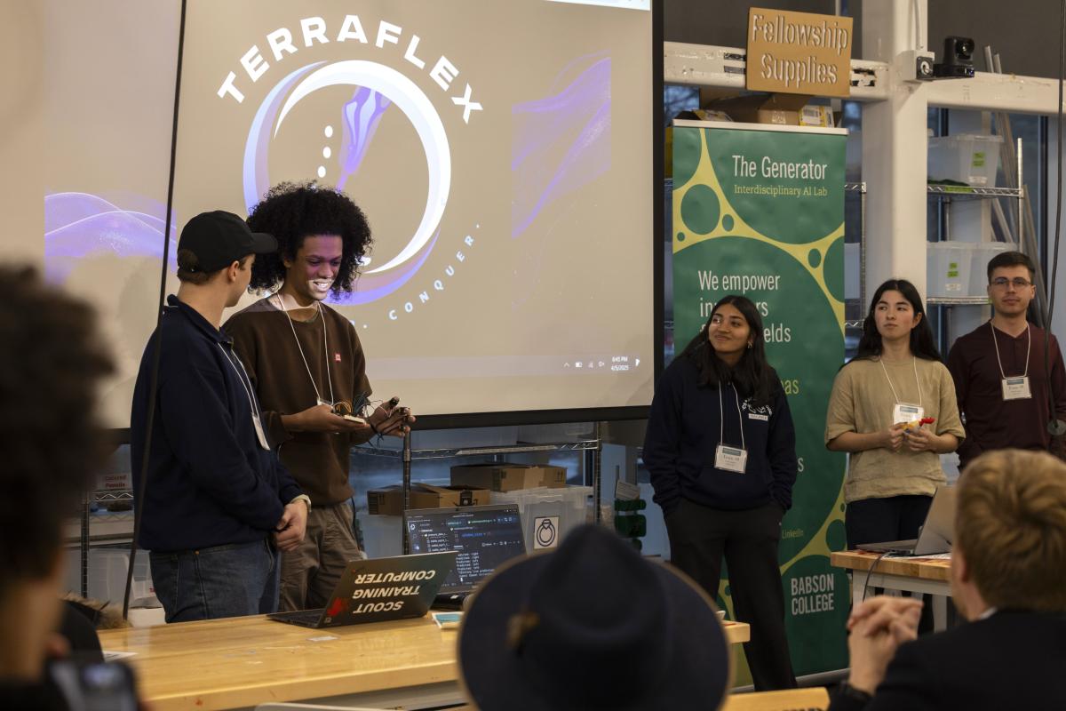 Five students are shown pitching their AI-driven device, Terraflex, at the Babson College The Generator Buildathon on April 5, 2025. Five students are shown pitching their AI-driven device, Terraflex, at the Babson College The Generator Buildathon on April 5, 2025.
