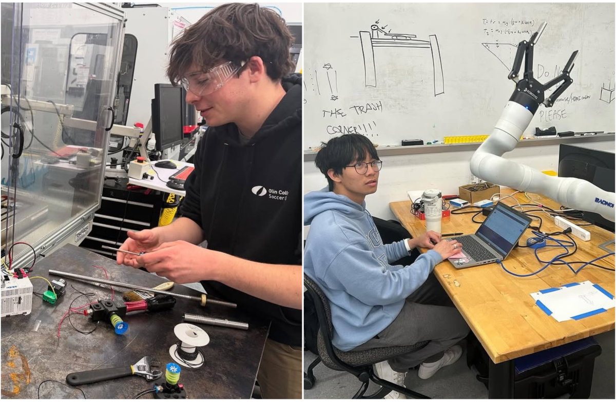 A collage of two photos shows Olin College students working in the Shop.
