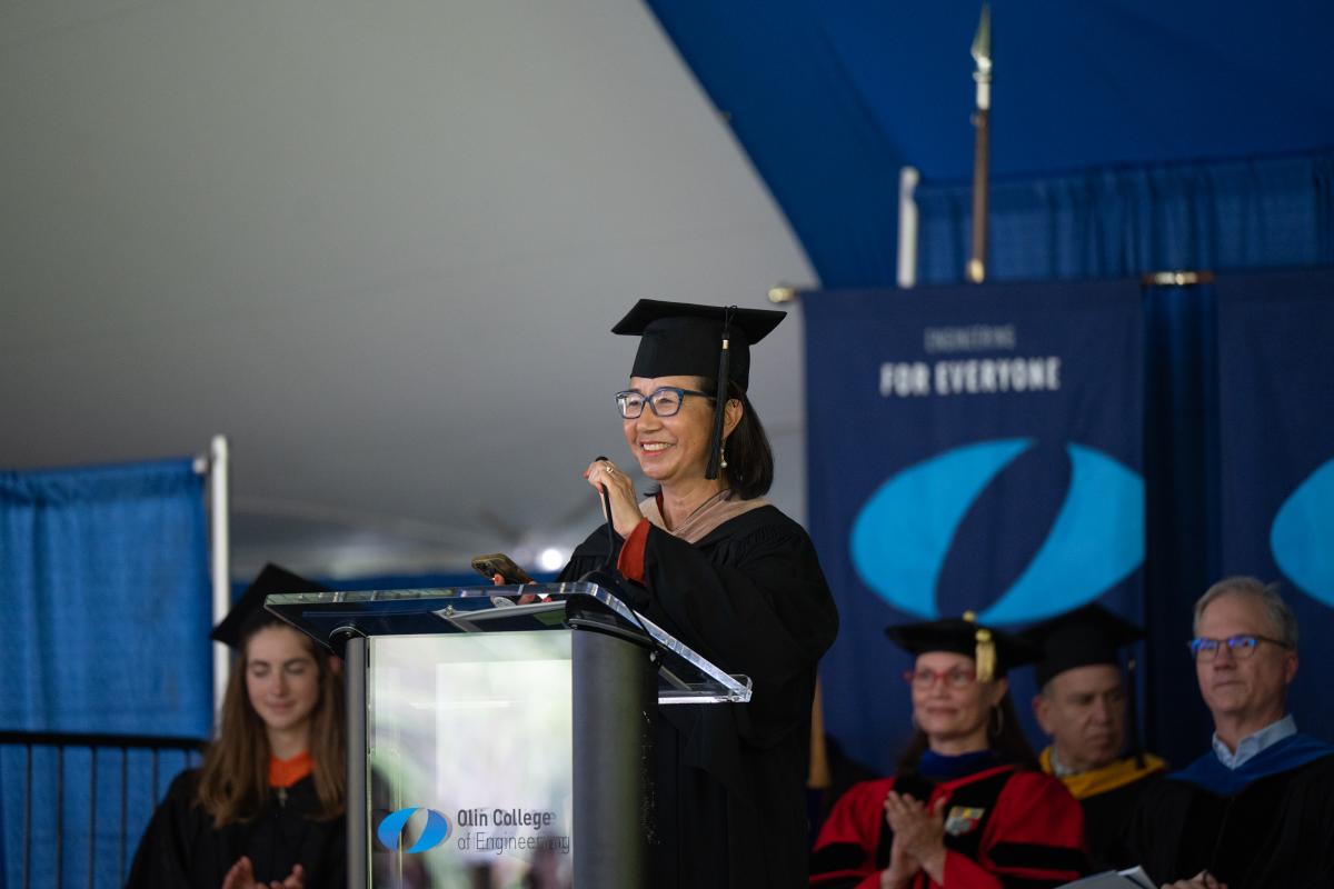 Jeannie H. Diefenderfer, Board of Trustees, Chair, speaks to the graduates at Commencement on May 16, 2025. Jeannie H. Diefenderfer, Board of Trustees, Chair, speaks to the graduates at Commencement on May 16, 2025.