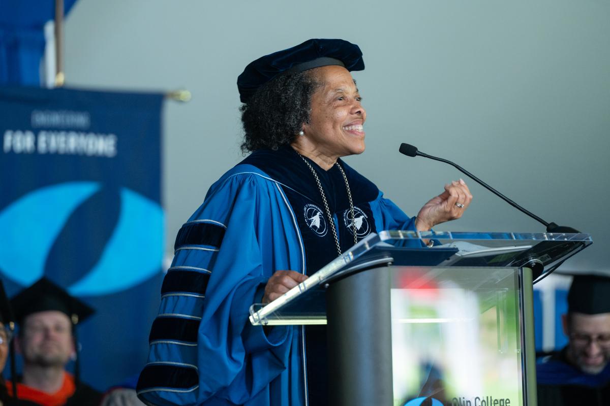 Olin College of Engineering President Gilda A. Barabino, Ph.D., speaks from the podium during the Commencement ceremony, on May 16, 2025. Olin College of Engineering President Gilda A. Barabino, Ph.D., speaks from the podium during the Commencement ceremony, on May 16, 2025.