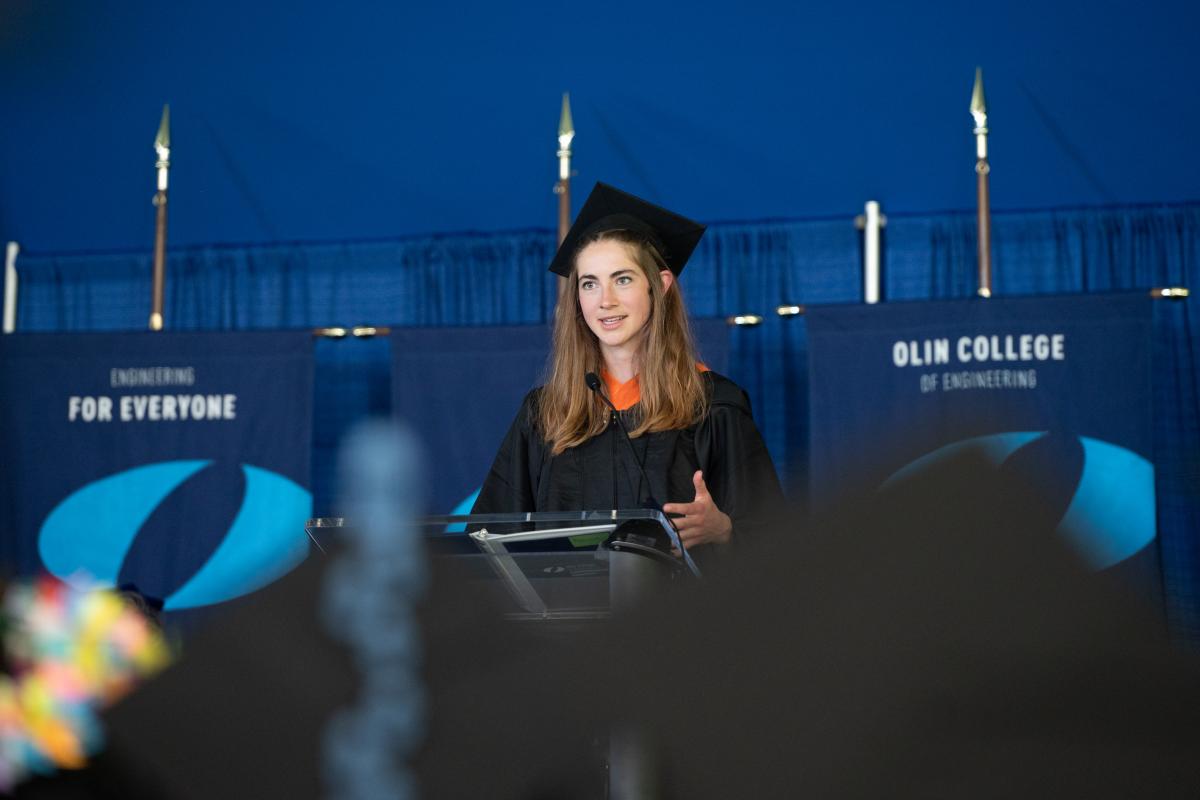 Malvina Clavering ’25, Class Speaker, shares her speech at the podium during Olin's Commencement on May 16, 2025. Malvina Clavering ’25, Class Speaker, shares her speech at the podium during Olin's Commencement on May 16, 2025.