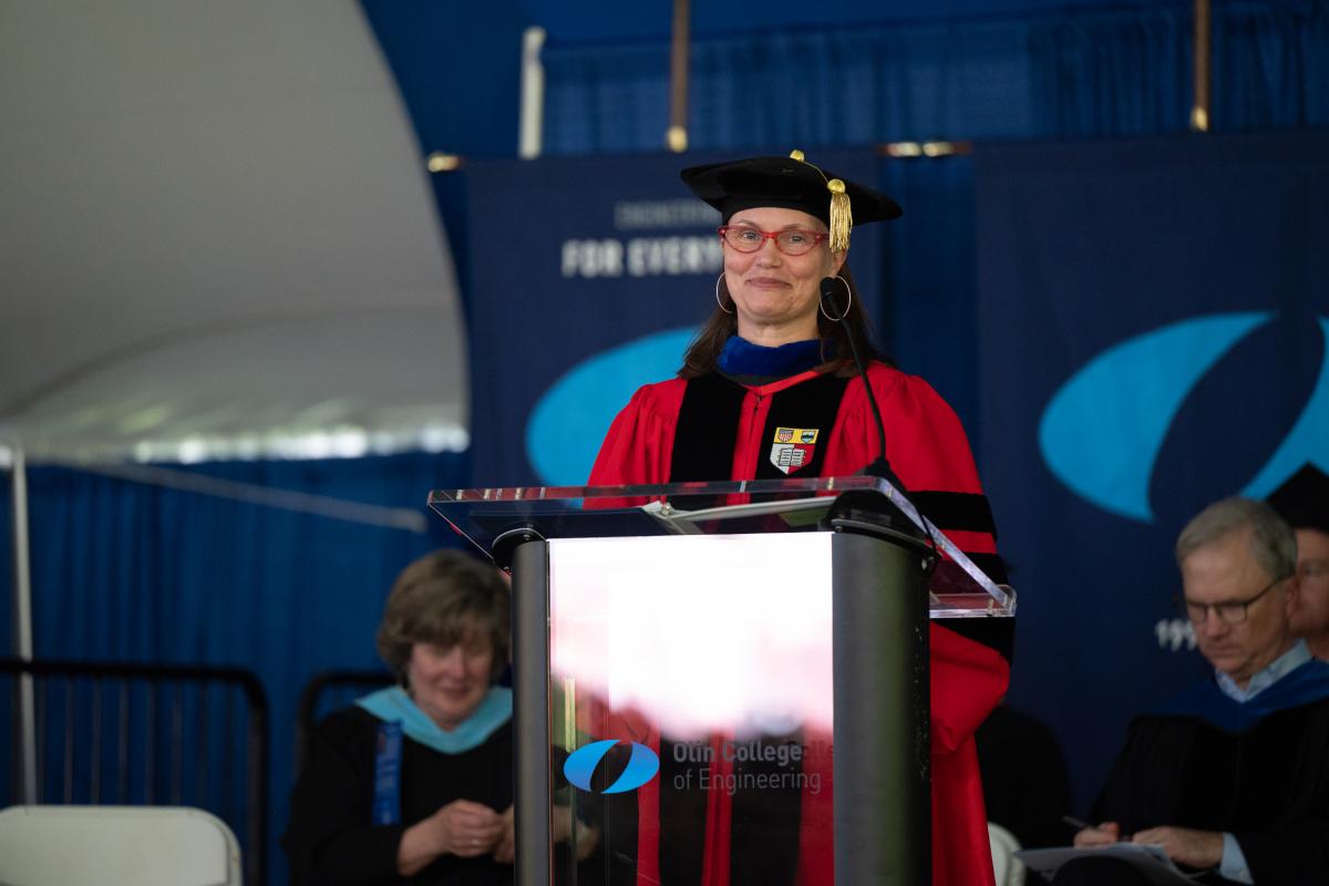 Professor Sarah Spence Adams, Faculty Speaker, addresses the audience at Olin's Commencement, on May 16, 2025. Professor Sarah Spence Adams, Faculty Speaker, addresses the audience at Olin's Commencement, on May 16, 2025.