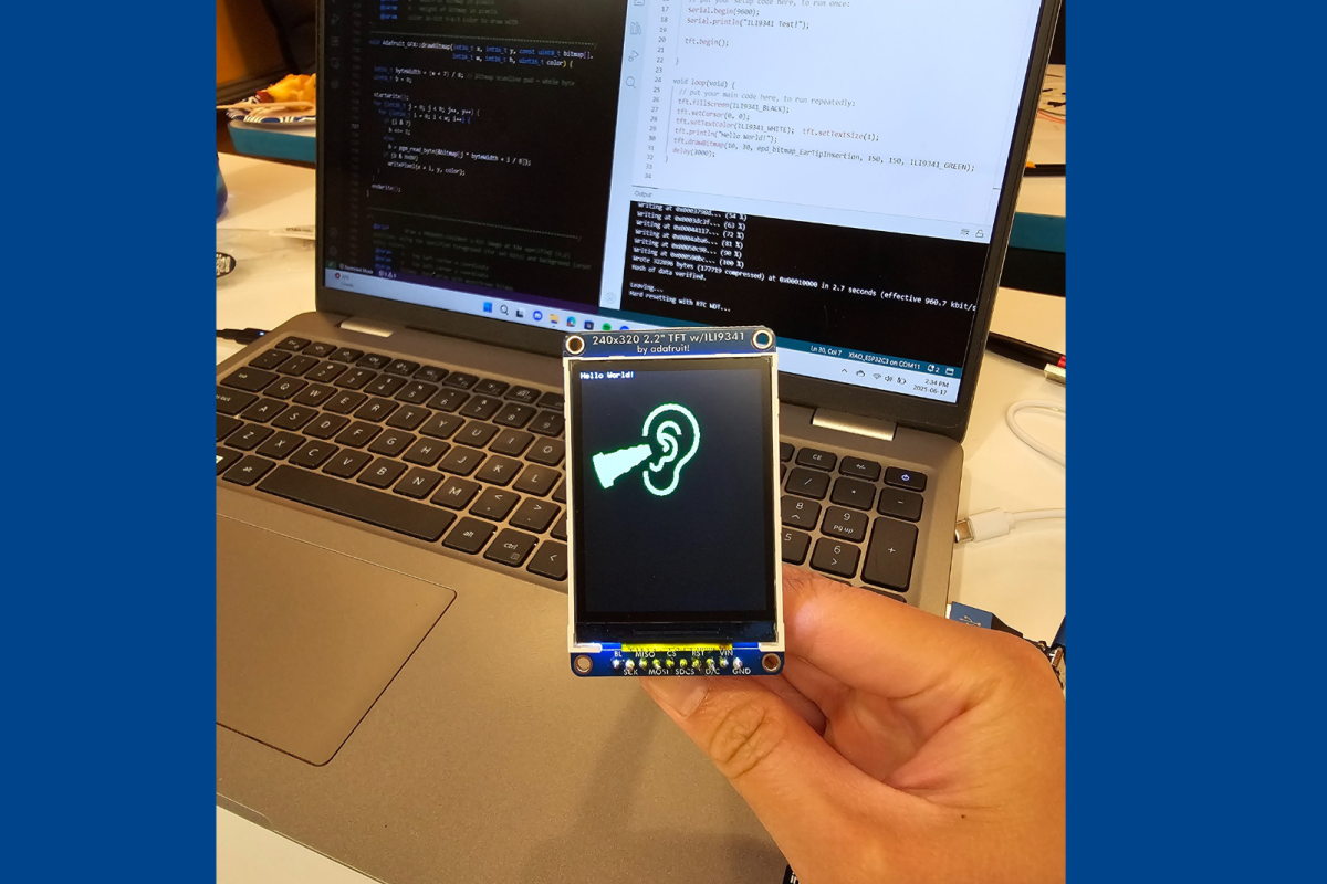 An ear icon is shown on a screen serving as an early hearing loss detection prototype. An ear icon is shown on a screen serving as an early hearing loss detection prototype.
