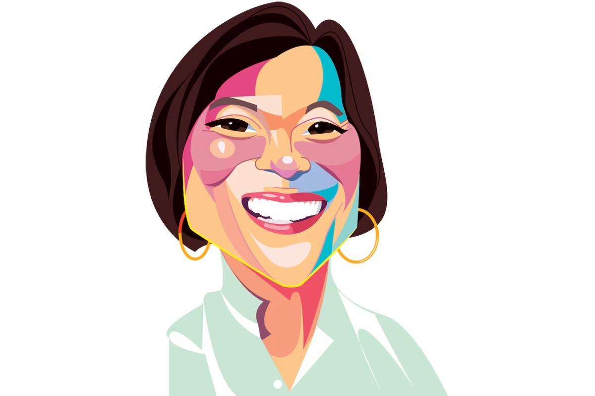 Olin College of Engineering President May Lee is pictured as a caricature, created by The Boston Globe. 