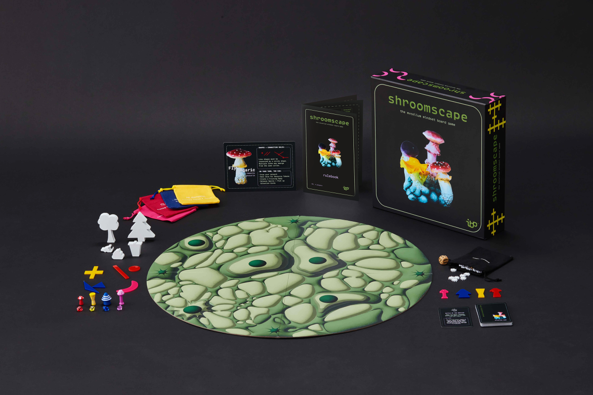 Components of the tabletop game, Shroomscape, laid out on a black space. Components of the tabletop game, Shroomscape, laid out on a black space.