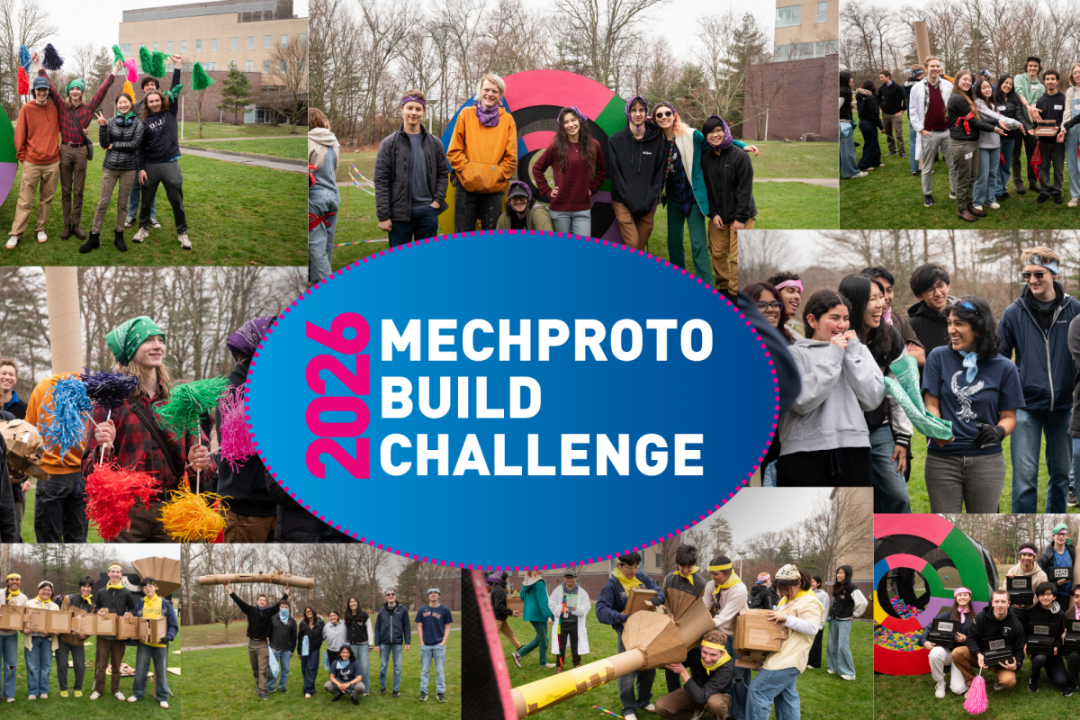 A collage of photos with a dark and light blue oval graphic. The text in the middle reads "2026 MECHPROTO BUILD CHALLENGE".