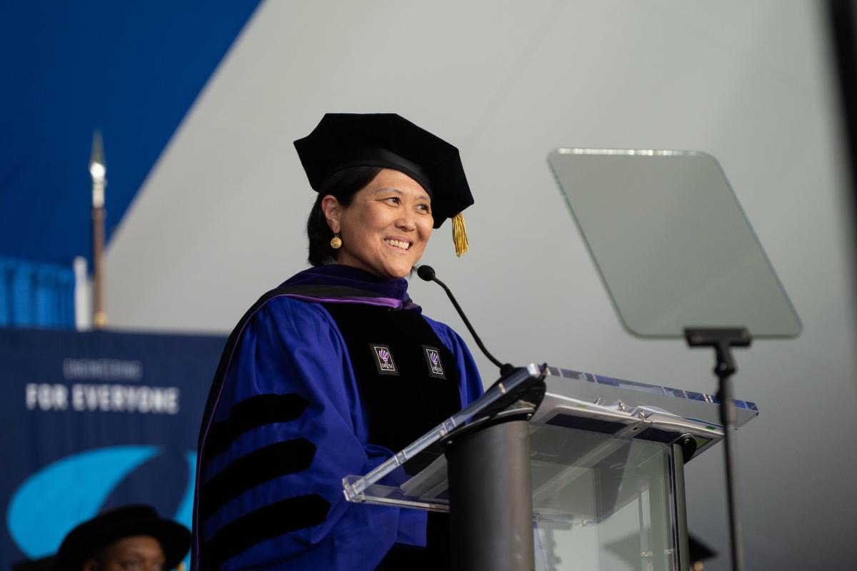 Olin College of Engineering President May Lee, Ph.D., speaks from the podium during the Commencement Ceremony on May 15, 2026
