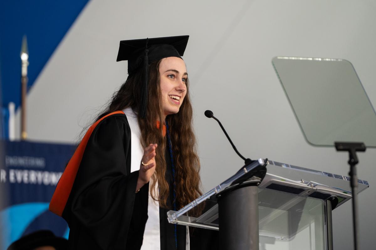 Pauline Petersen ’26, Commencement Class Speaker, shares her speach from the Podium during Olin's Commencement Ceremony on May 15, 2026