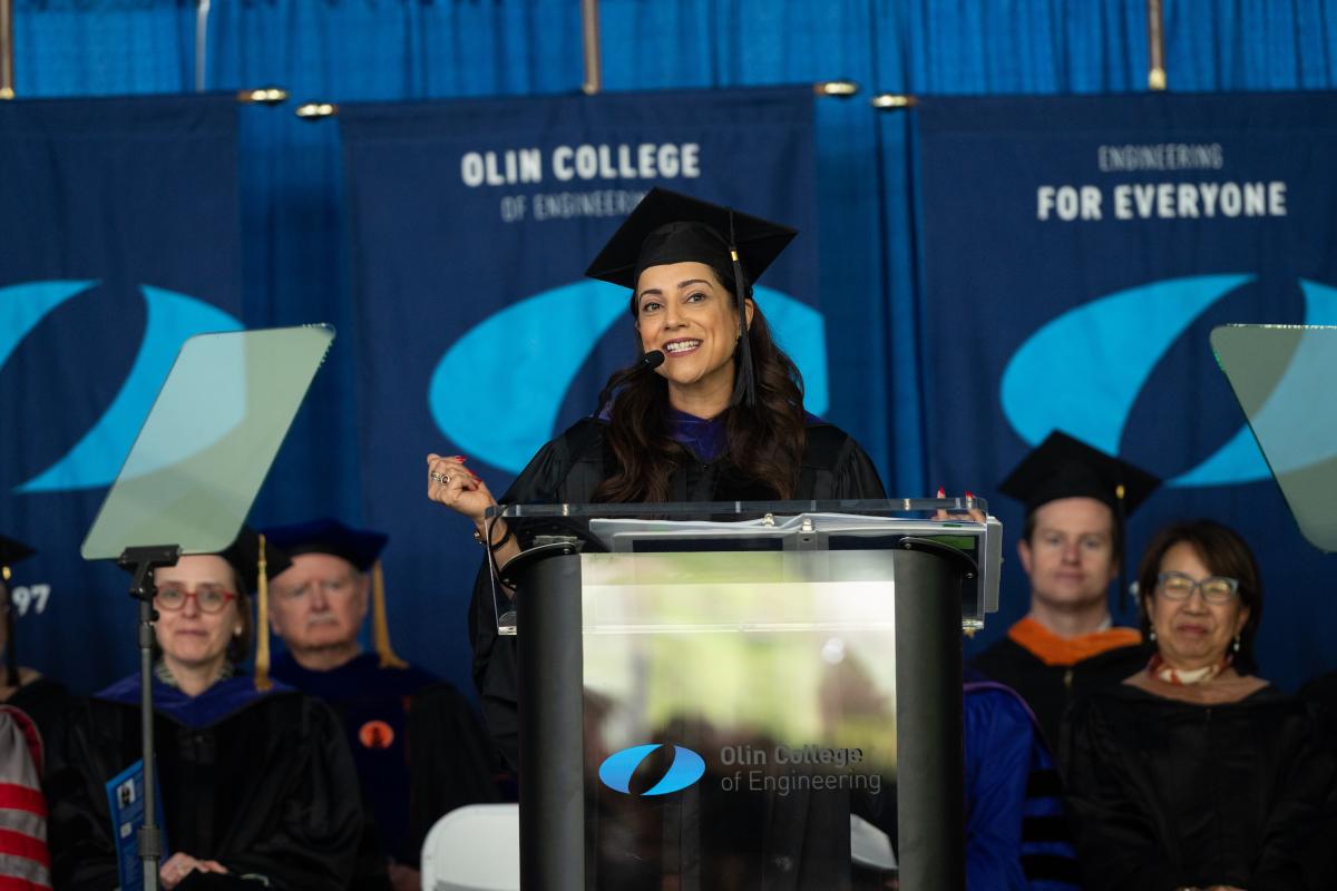 Featured speaker Reshma Saujani, founder of Girls Who Code and CEO of Moms First, speaks to Graduates from the Podium at Olin's Commencement on May 15, 2026