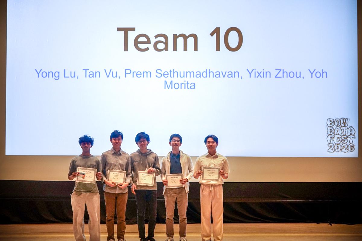 The Olin team of Sethumadhavan ’29, Lu ’29, Morita ’29, Vu ’29 and Zhou ’29 pose for a photo after winning Best in Show at BOW DataFest