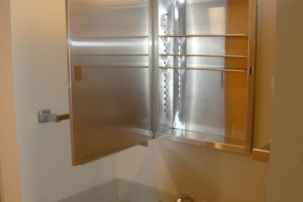 view of medicine cabinet over sink in west hall room