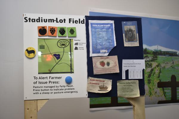 A sign that reads "Stadium-Lot Field" with graphics below the text. 