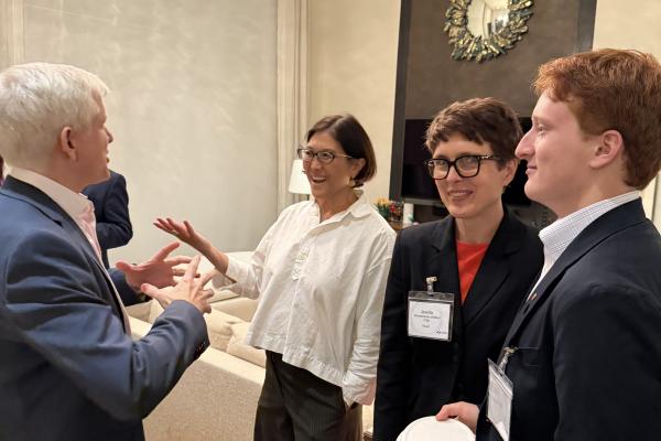 Olin College President May Lee talks with community members during the Olin on the Road New York City trip.